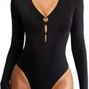 Avidlove Long Sleeve Bodysuits for Women Sexy Cutout Plunge Deep V Neck Thong Bodysuit Double Line Going Out Tops O-Ring (Large, Black)