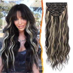 BARSDAR Clip in Hair Extensions - 20 Inch Highlight Wavy Clip in Hair Extensions for Women - 5PCs Thick Soft Synthetic Clip in Hairpieces Daily Party Halloween- Black Mix Blonde