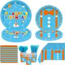 145PCS Cartoon Teacher Party Supplies English Teacher Themed Happy Birthday Party Decorations for Kids Chlid Includ Orange Blue Paper Plates Napkins Cups Tableware Set with Tablecloth Serve 24 Guests