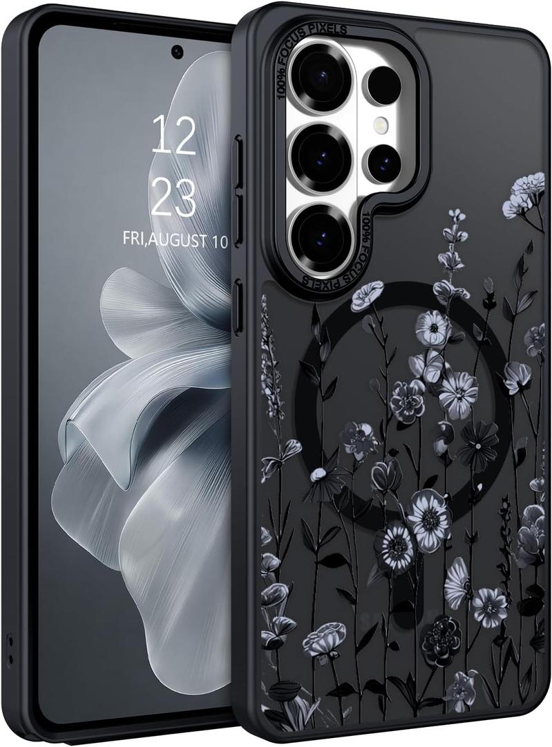 DOMAVER for Samsung Galaxy S26 Ultra Case, Magnetic Phone Case for Samsung S26 Ultra [Compatible with MagSafe] Slim Fit Flowers Floral Design Shockproof Protective Bumper Women Girls Cover- Black