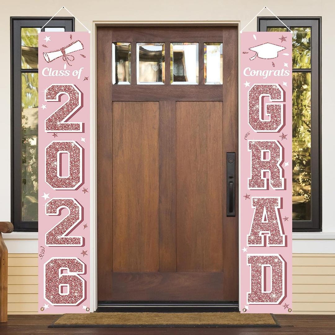 KMUYSL Graduation Decorations Class of 2026, Pink Congrats Grad Banner Hanging Flags Porch Sign, 2026 Graduation Decorations Party Supplies for Any School Indoor/Outdoor Decor