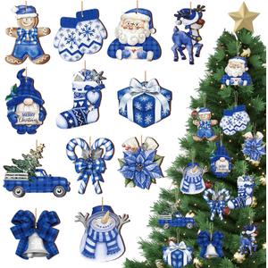 Suzile 36 Pcs Christmas Wooden Ornaments Blue Christmas Ornaments for Tree Vintage Winter Tree Decorations Xmas Hanging Wood Cutouts Decor for Farmhouse Home Winter Holiday Party Wreaths