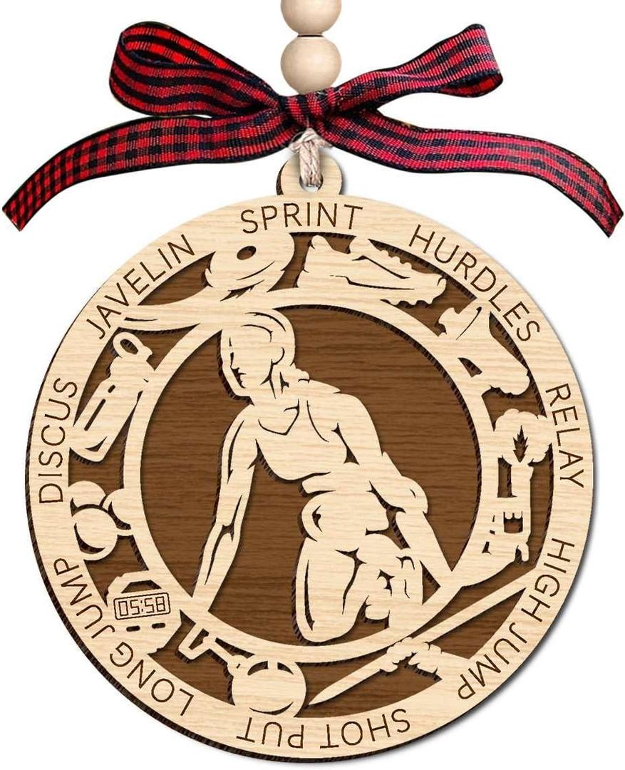 2 x Track And Field Girl Wooden Ornament Layer - Christmas Tree Hanging Decoration - Rustic Farmhouse Holiday Ornament - Unique Double Layer Wood Ornament For Female Athlete Runner Appreciation Decoration