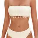 ZAFUL Women Strapless Bandeau Bikini Shell 2 Piece Swimwear Cheeky Solid Lace up Pom Bathing Suits (X-Large, 0-beige)