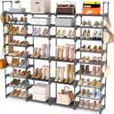 ROJASOP Large Shoe Rack Organizer for Entryway Closet 64-68 Pairs 9-Tier Heavy Duty Tall Garage Shoe Rack Shoe Shelf Shoes Storage with 18 Pcs Removable Side Hooks for Bedroom and Garage Grey