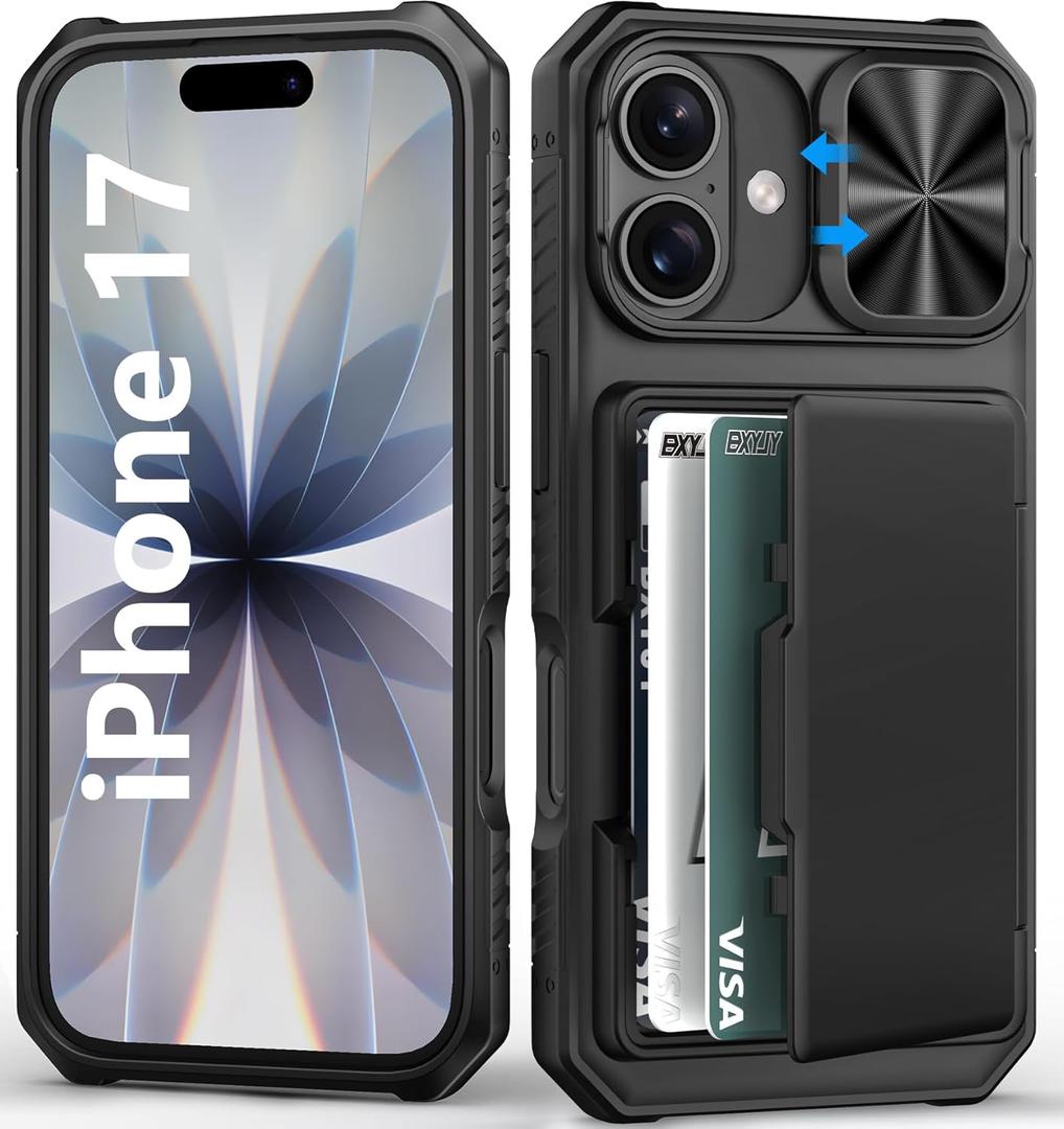 BXYJY for iPhone 17 Case Wallet, Card Holder (4-5 Cards), Slide Camera Cover, Military Drop Protection, Rugged Heavy Duty Men Women Shockproof Protective Phone Case for iPhone 17 6.3" 2025, Black