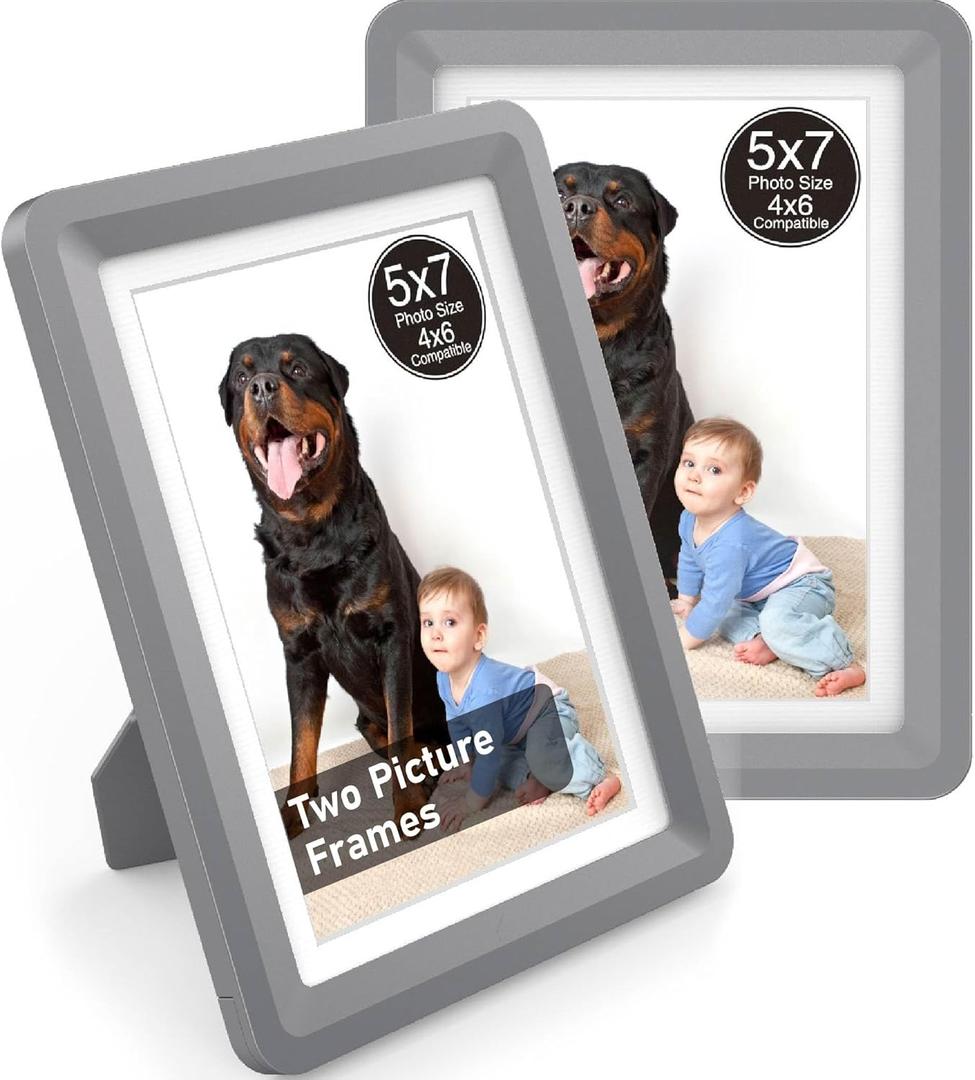 Dark Gray 5x7 Picture Frame,2Pack, Fits 5x7 Photo or 4x6 with Mat, Acrylic Front & Durable ABS Frame, Shatterproof UV-Resistant Tabletop Display, Vertical/Horizontal Home Dcor Frame