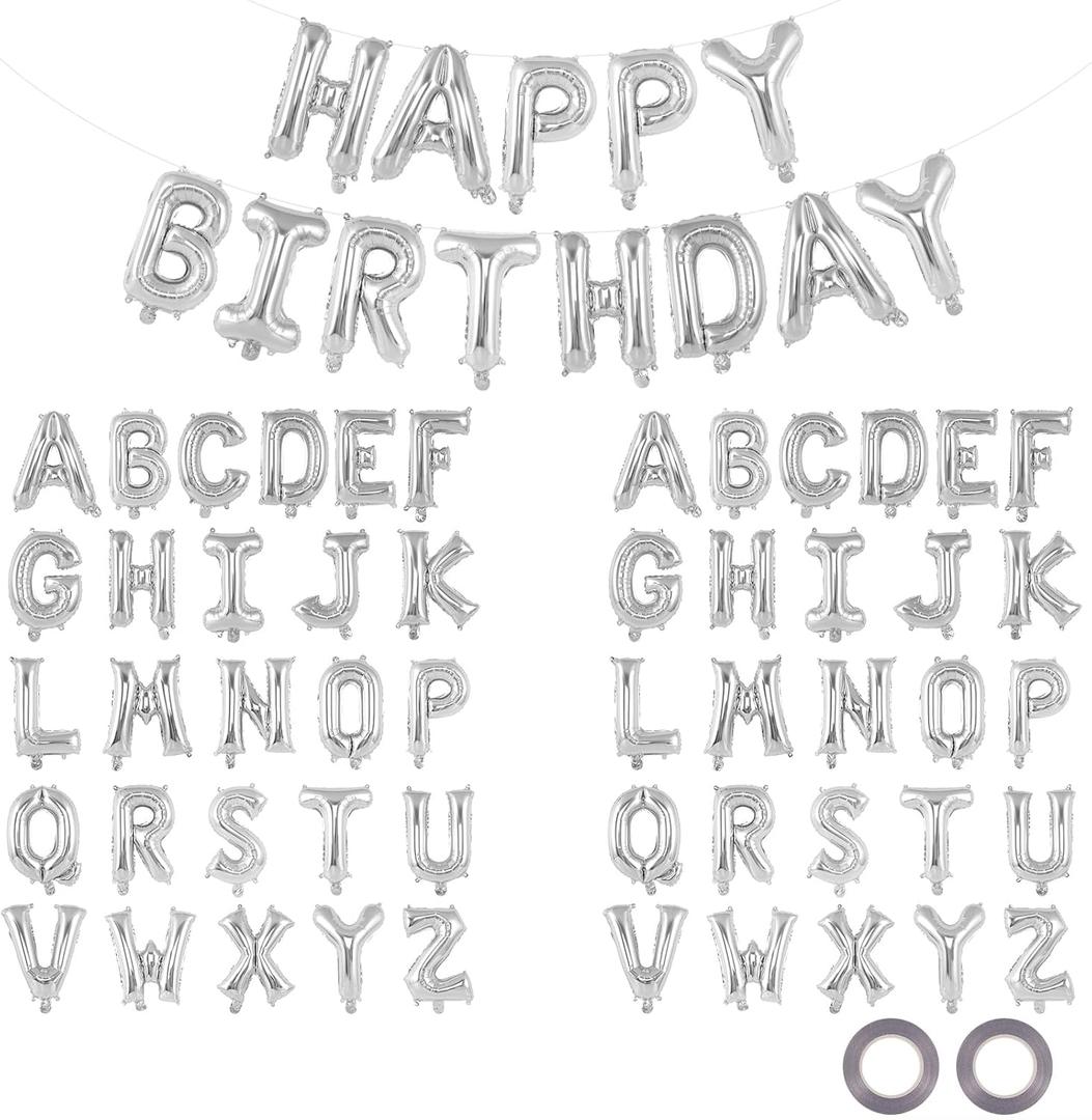 65 Pcs Silver Happy Birthday Balloons and 2 Sets A-Z Letters Foil Balloons, 16 Inch Personalized Name Happy Birthday Banners for Wedding Baby Shower Anniversary Party Decorations (Silver)