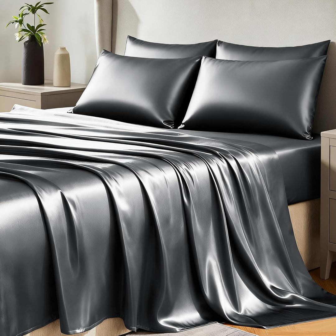 CozyLux Satin Sheets Full Size Sheets - 6 Piece Silky Full Size Bed Sheets, Luxury Dark Grey Full Bed Set with Smooth and Soft Microfiber, Includes 1 Fitted Sheet, 1 Flat Sheet and 4 Pillowcases