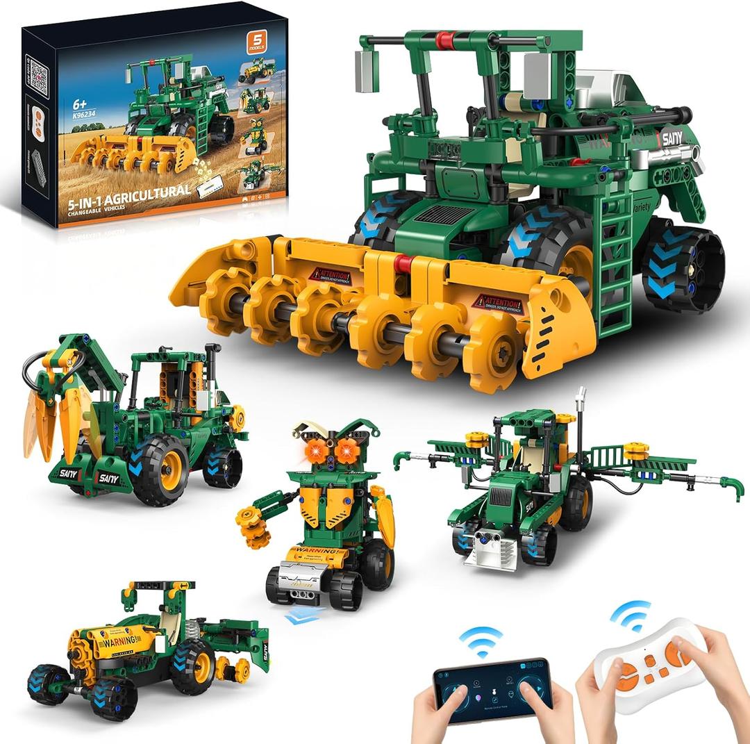 5 in 1 STEM Robot Toys Building Kits for Kids Ages 6-14, App & Remote Control STEM Harvester/Plowing Cart/Water Truck Robot Building Set, Programmable Transformers RC Robotics Gifts for Kids Boys