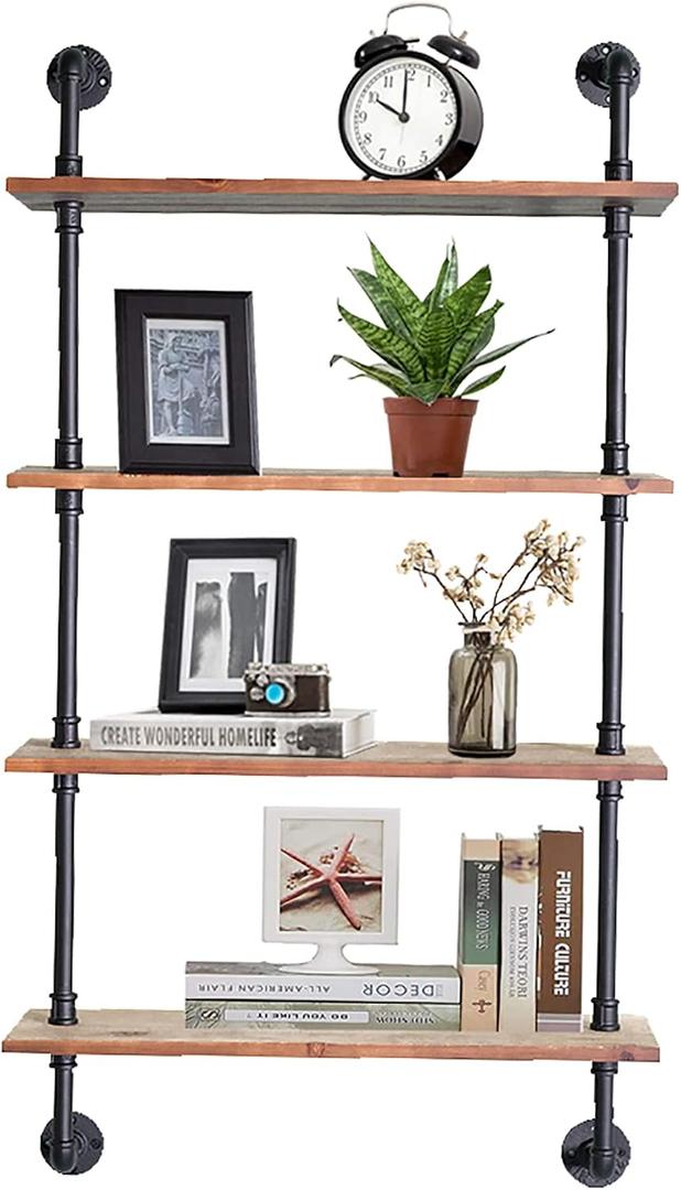 Industrial Pipe Shelving, 24inch Pipe Shelves with Wood Planks, 4 Tier Floating Shelves Wall Mounted Steampunk Real Wood Book Shelves, Retro Rustic Industrial Shelf for Bar Kitchen Living Room