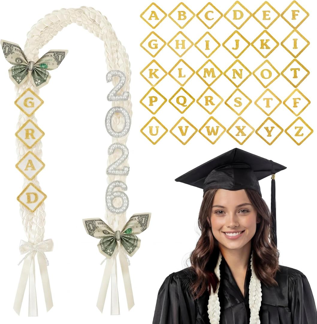 Class of 2026 Graduation Leis with Pearl Bows, 108 Patches Letters and Pearl 2026 Numbers DIY Graduation Ribbon Lei Double Braided Necklace for Senior Night College Grad Party Supply(White)