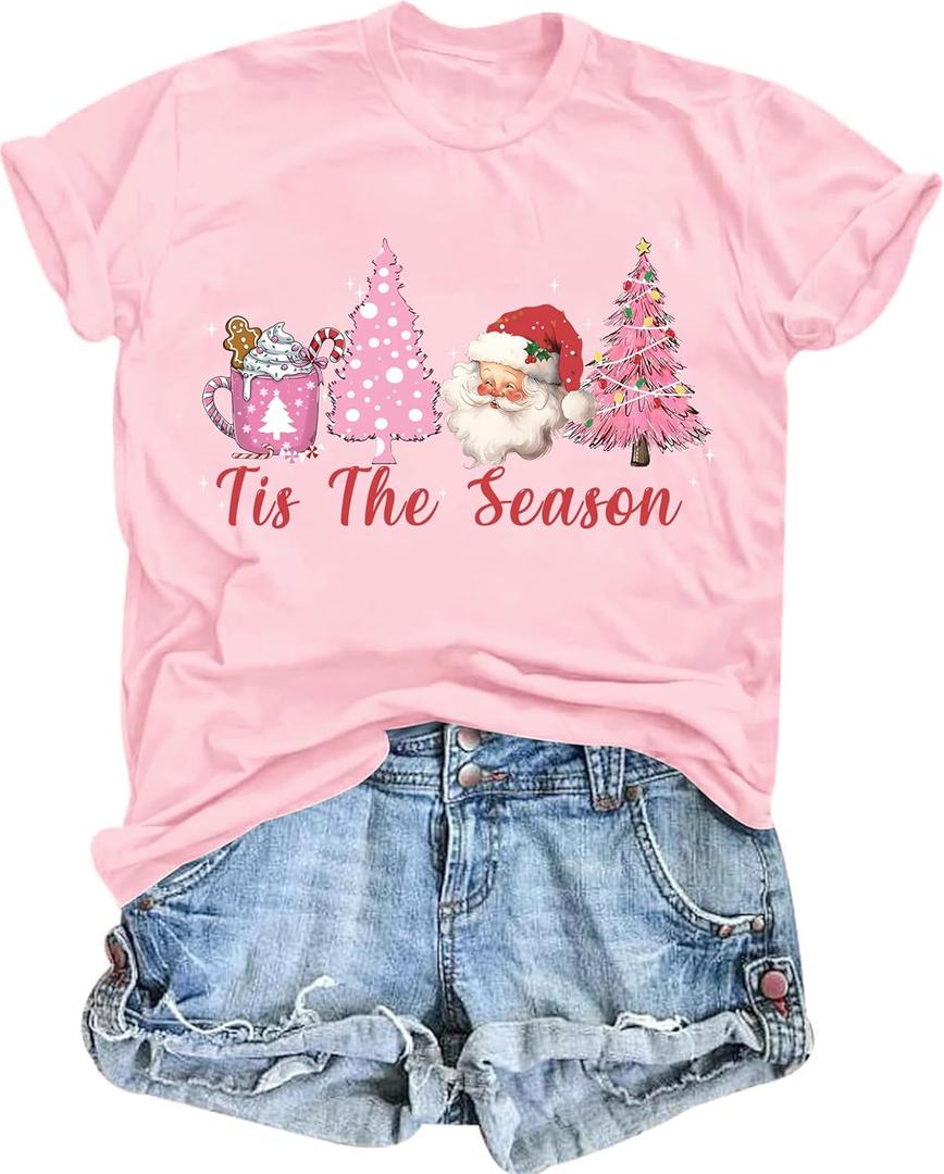 Christmas Shirts for Women Merry and Bright Shirt Xmas Tree Graphic Tee Christmas Short Sleeve Holiday Tops (Medium, Pink)