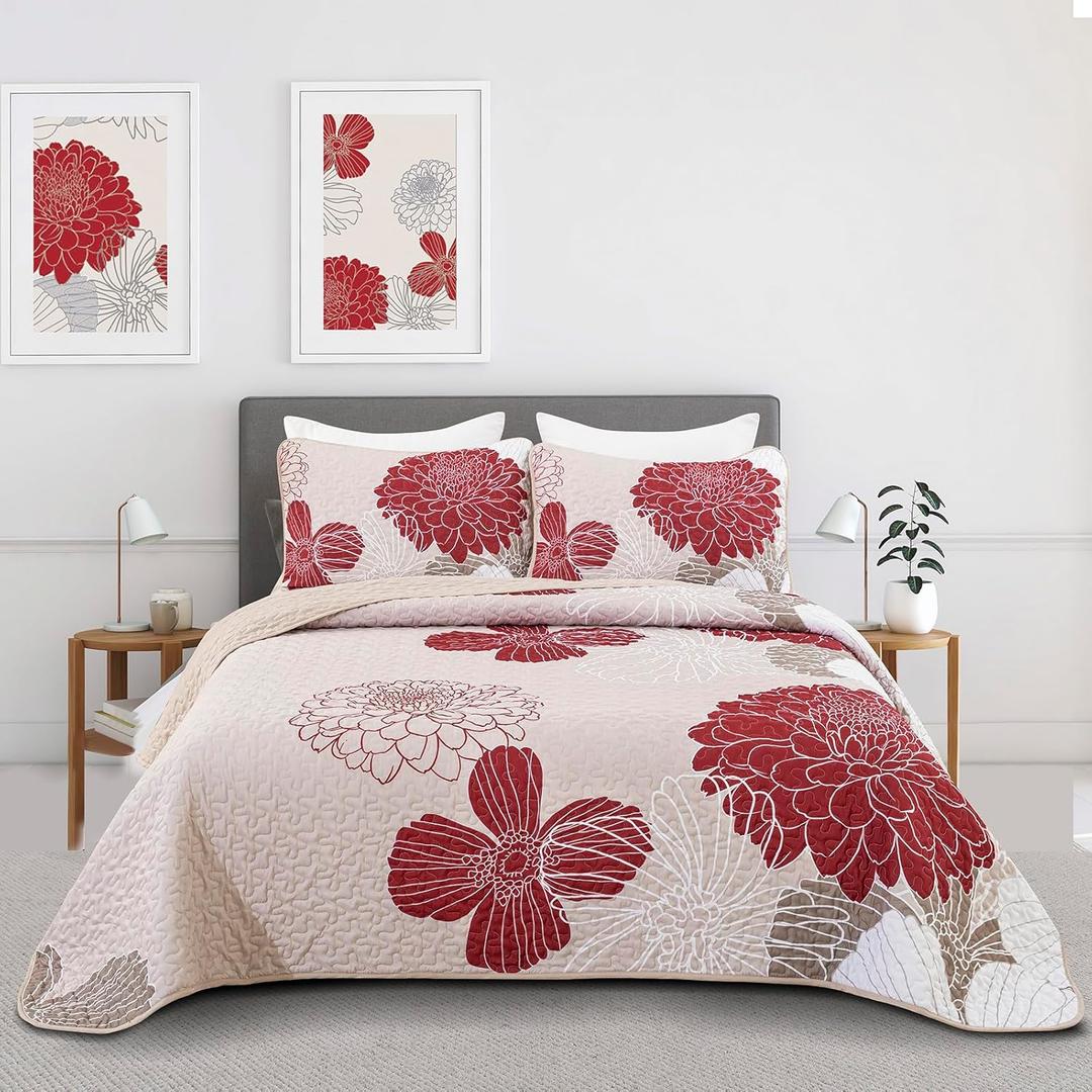 Red Floral Quilt Set King Size - 3 Piece Red Flower Pattern Bedspreads, Reversible Lightweight Microfiber Burgundy Quilts Bedding Set with 2 Pillowcases, All Season Quilted Coverlet Set (104''x90'')