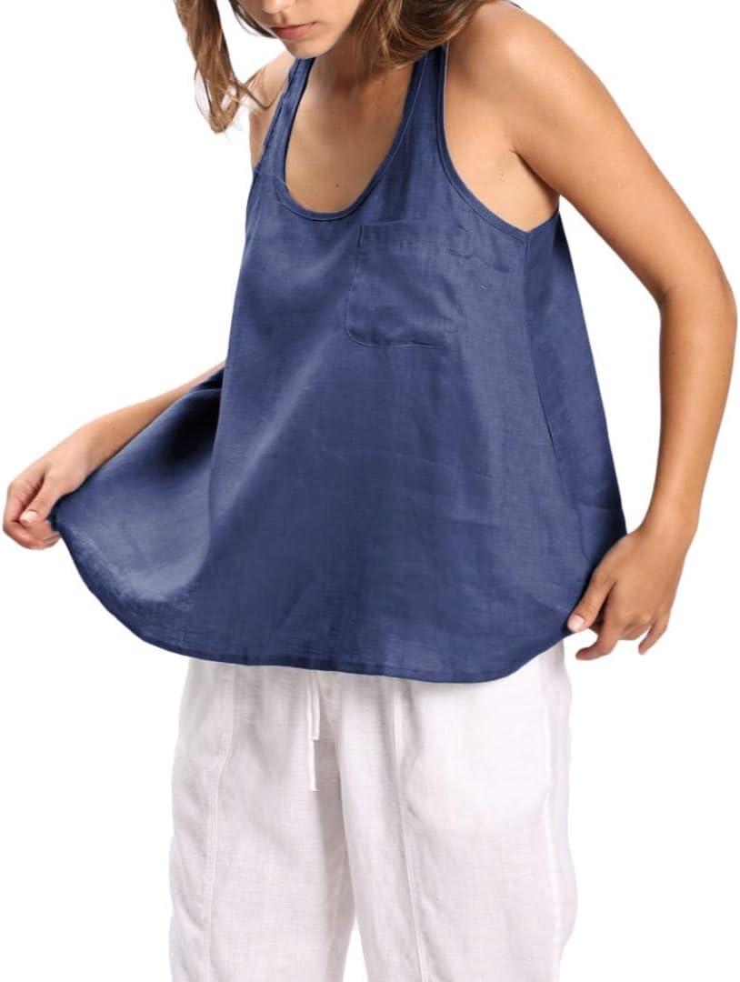 Amazhiyu Women's 100% Linen Summer Scoop Neck Sleeveless Racerback Tank Top (Large, Navy)