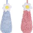 Chenille Hand Drying Towel with Hanging Loop,Daisy Design Lovely Fingertip Towel for Kids Adults, Soft Strong Water Absorption and Quick Drying Hand Towels for Kitchen Bathroom Wash Basin (Pink*Blue)