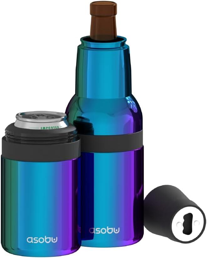 Asobu Frosty Beer Holder 2 Go Vacuum Insulated Double Walled Stainless Steel Beer Can and Bottle Cooler with Beer Opener, Bpa Free, Fits Standard 12oz Bottles, Gift for Beer Lovers (Green Ocean)