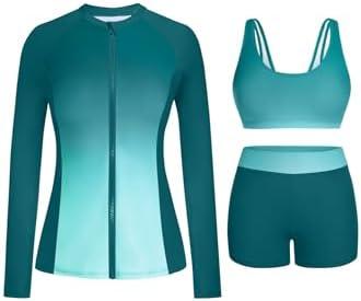Holipick Long Sleeve Swimsuits for Women - 3 Piece Rash Guard with Shorts Zipper SPF Swim Shirt with Built in Bra M