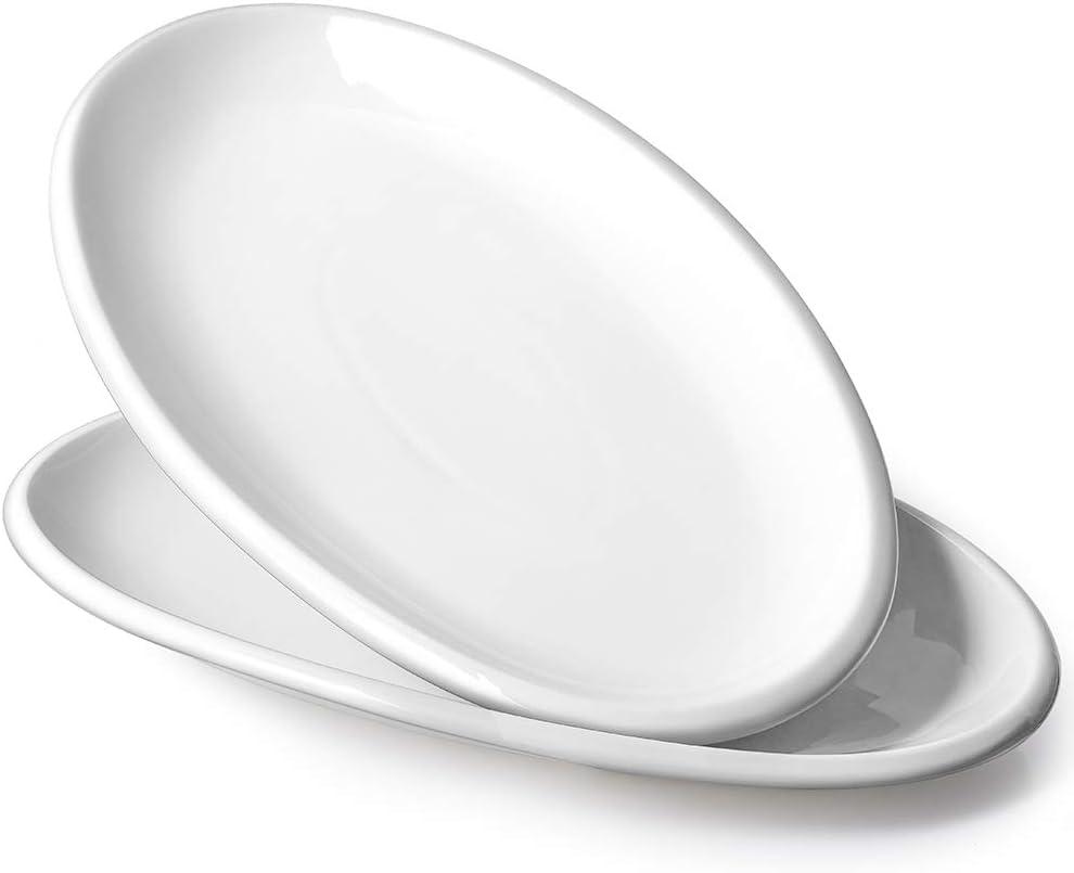 DOWAN 14" White Serving Platters for Entertaining, Oval Serving Plates, Party Serving Trays and Platters Oven Safe, Porcelain Dinner Serving Tray Serving Dishes for Meat, Set of 2 (14 in  8 in)