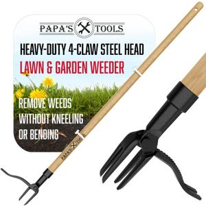 Papa's Tools One-Piece Weed Puller Tool, Stand Up Weeder with Heavy Duty Solid Bamboo Handle, Ultra-Durable 4-Claw Steel Head, 43.5 Fully Assembled Long Handle Weed Remover for Lawn & Garden