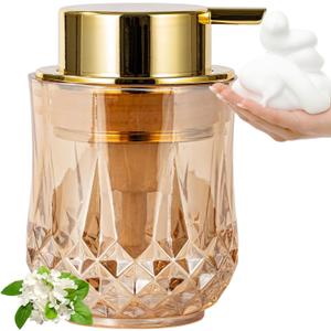 Gold Foaming Soap Dispenser - 8 Oz Foam Hand Wash Dispenser for Bathroom & Kitchen, Modern Glass Dispenser with Golden Foam Pump (Golden Foam Pump/Diamond Glass)