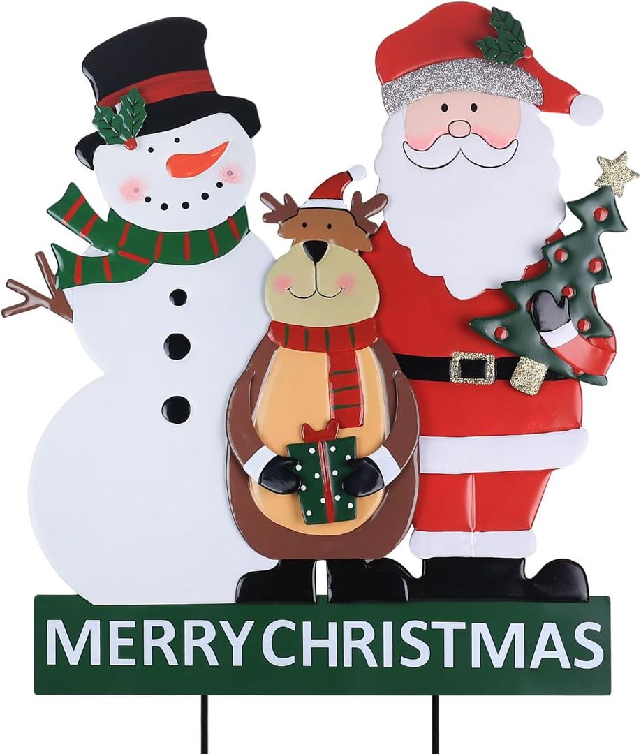 YEAHOME Outdoor Christmas Decorations, 3 Metal Snowman Santa Claus Deer Decorative Garden Stakes for Christmas Outdoor Yard, Xmas Signs for Home Outside Yard Lawn Porch Pathway Xmas Decor (Yhmd-488)