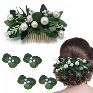 2 x Norme 5 Pcs Sage Green Bridal Hair Accessories Eucalyptus Brides Hair Pins for Wedding Comb Pearl and Leaf Wedding Accessories for Brides Bridesmaids Bridal Shower