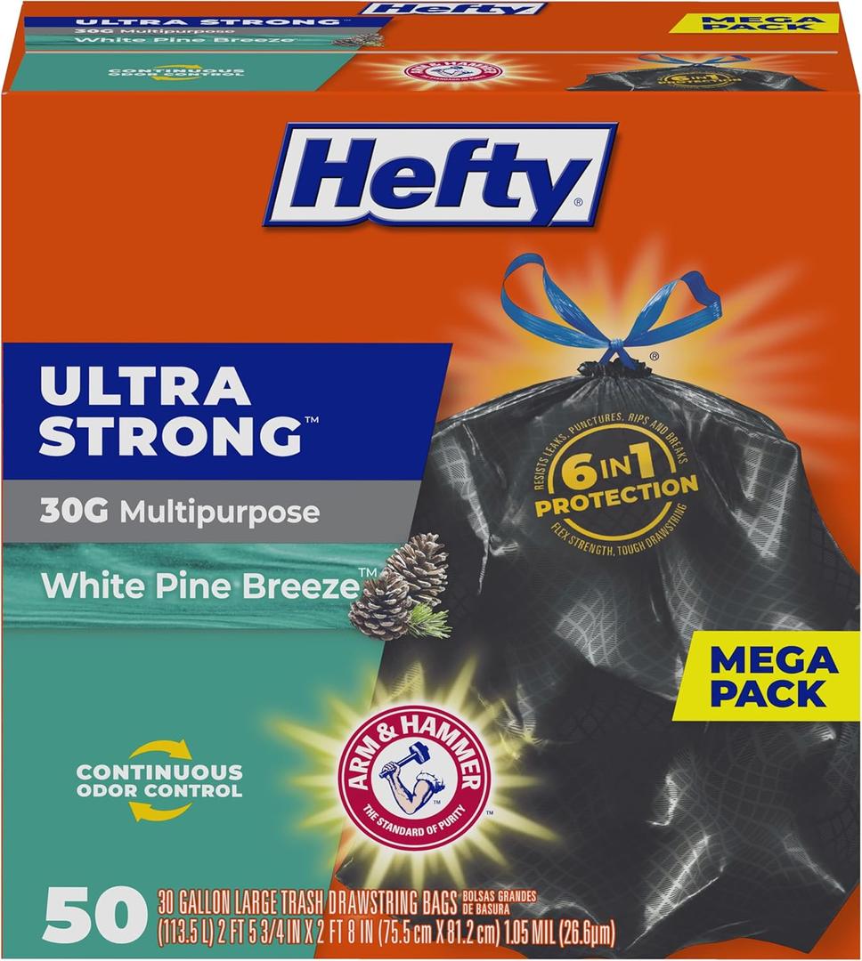 Hefty Ultra Strong 30 Gallon Trash Bags, Large Trash Bags 30 Gallon Size, Multipurpose, Break Resistant Drawstring Closure, Resists Leaks, Punctures, and Tears, Black, White Pine Breeze Scent, 50 Bags (50 Count (Pack of 1)) Hefty Ultra Strong 30 Gallon Trash Bags, Large Trash Bags 30 Gallon Size, Multipurpose, Break Resistant Drawstring Closure, Resists Leaks, Punctures, and Tears, Black, White Pine Breeze Scent, 50 Bags (50 Count (Pack of 1))