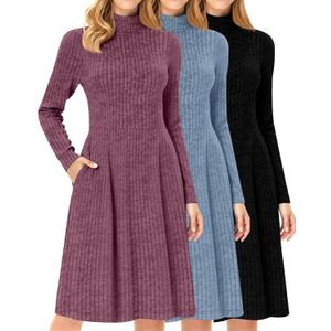 Oakgarden 3 Pack Women's Turtleneck Long Sleeve Dresses, Ribbed Knit Casual Fall Winter Sweater Dresses with Pockets(Blue, Fuchsia, Black, Small)