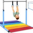 Safly Fun Gymnastics Bar for Kids Ages 3-15 for Home - Steady Steel Construction, Anti-Slip, Easy to Assemble, 3' to 5' Adjustable Height (Blue with Mat)