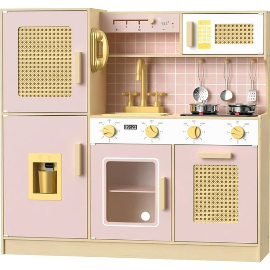 Babytronic Wooden Kitchen Playset for Kids, Pink Pretend Play Kitchen with Lights & Sounds, Retro Style Toy Kitchen for Toddlers Ages 3+, Wooden Play Kitchen Set with Realistic Design (Pink)