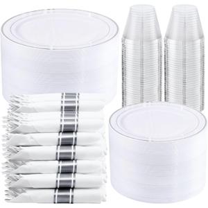 WELLIFE 350-Piece Silver Plastic Dinnerware Set - Disposable 10.25" Dinner Plates, 7.5" Dessert Plates, 9oz Silver Rim Cups & Cutlery for Weddings - 50 Guest Service - Elegant Disposable Silverware