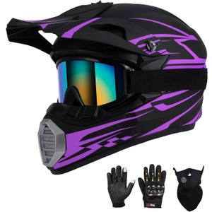 Youth Kids Motocross Helmet DOT Approved, Adult ATV Dirt Bike Off-Road Full Face Motorcycle Helmet with Goggles Gloves Mask for Boys Girls,Lightweight Breathable for Riding (Purple, Medium)