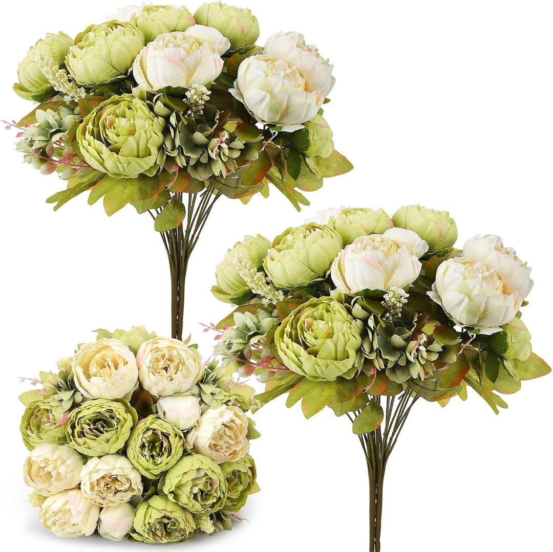 Silk Peony Flower Arrangement, 2 Bouquets Vintage Green & White Artificial Hydrangea Stems for Wedding, Home, Centerpiece, Table Decor