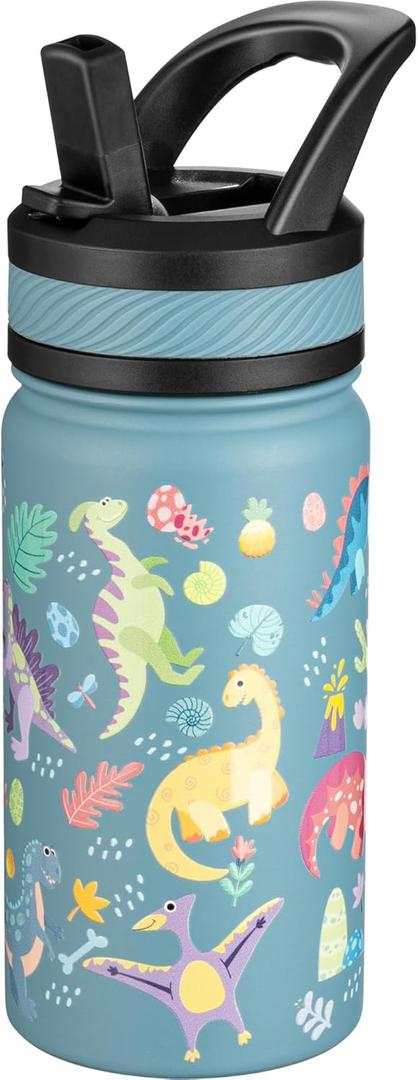 Fanhaw 14 Oz Kids Insulated Water Bottle with Straw - Stainless Steel Double Wall Vacuum Cup, Leakproof, BPA Free, Suitable for Boys and Girls(Cyan - Dinasours World)
