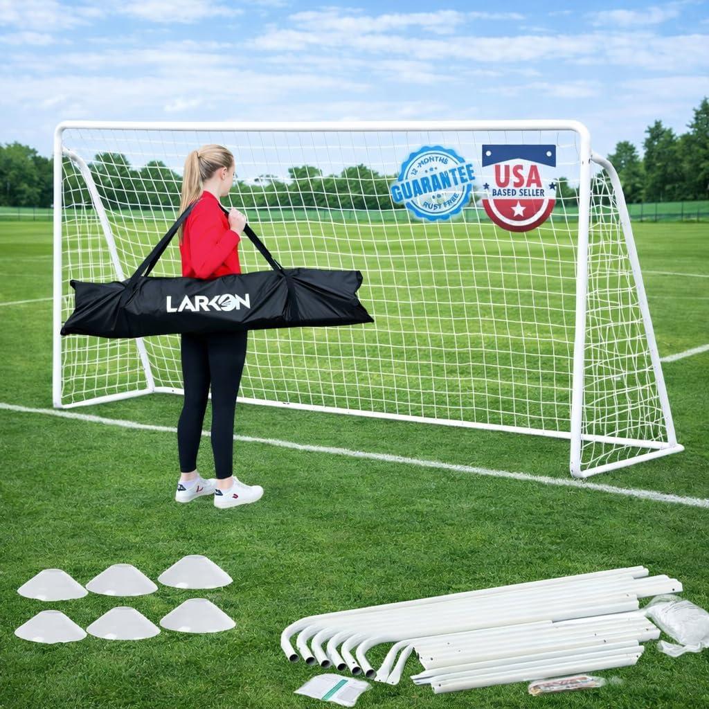 Soccer Goal 126 Larkon Backyard, Training and Tournament Size Durable Rust-Free Guarantee Steel Frame for Kids and Adults with Net, Cones, Storage Bag, Stakes and Easy Assembly