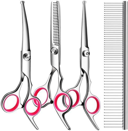 TINMARDA 5 in1 Dog Grooming Scissors Kit, Professional Dog Scissors for Grooming with Safety Round Tips, Titanium Coated Grooming Shears for Dogs Cat Pet At Home