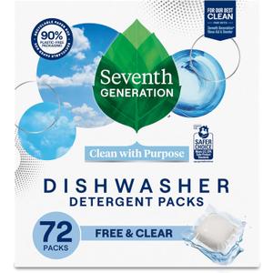 Seventh Generation Dishwasher Detergent Packs, Free & Clear, 72 Count, Pack of 1, Plant Powered Cleaning, Fights Greasy Reside & StuckOn Food For Sparkling Dishes, FragranceFree & Septic Safe