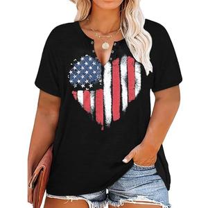 Plus Size USA Flag V-Neck T-Shirt Women Distressed American Flag Graphic Tees Short Sleeve 4th of July Patriotic Tops, Size 2XL