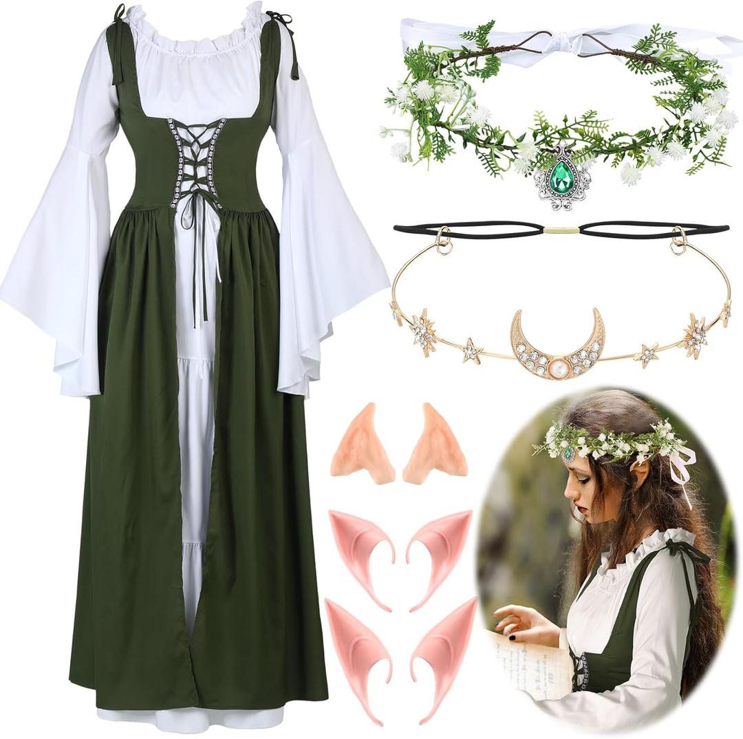 Bonuci 6 Pcs Medieval Renaissance Fairy Costume Women Halloween Elf Cosplay Outfits Victorian Dress Elf Ears Fairy Headpiece (Green, XL)