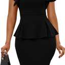 Memoriesea Women's Basic Ruffle Short Sleeve Peplum Bodycon Work Midi Pencil Dress