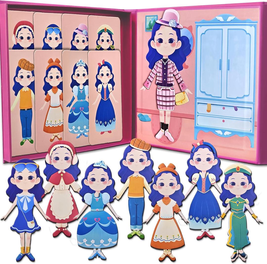 Flamax 8 Outfits Magnetic Dress Up Dolls for Girls, Magnet Dress-Up Doll Pretend Play Set Includes 42 Pieces, Magnetic Dress Up Dolls for Girls, Dress-Up Doll