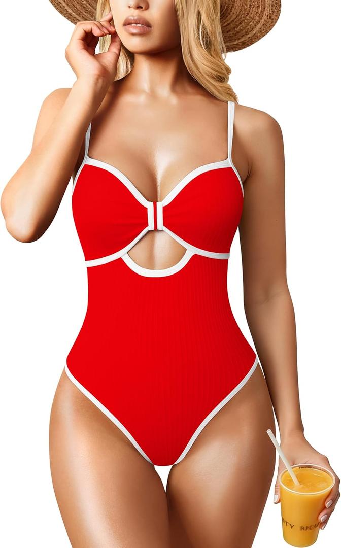 OQQ Womens One Piece Swimsuit Cutout Push Up Tummy Control Bathing Suit with Adjustable Straps (Small, Red)