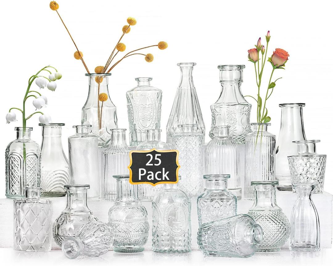 Glass Bud Vases Set of 25,Small Clear Vases for Flowers, Vintage Vases in Bulk for Centerpieces,Mini Glass Vase Assorted for Rustic Wedding,Floral Arrangements,Home Table Decorations