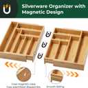 Large Silverware Organizer, 13 Slots Magnetic Connected Expandable Bamboo Utensil Drawer Organizer From 21 to 37.4 Inches, Adjustable Flatware and Cutlery Holder, Utensil Tray for Kitchen Natural