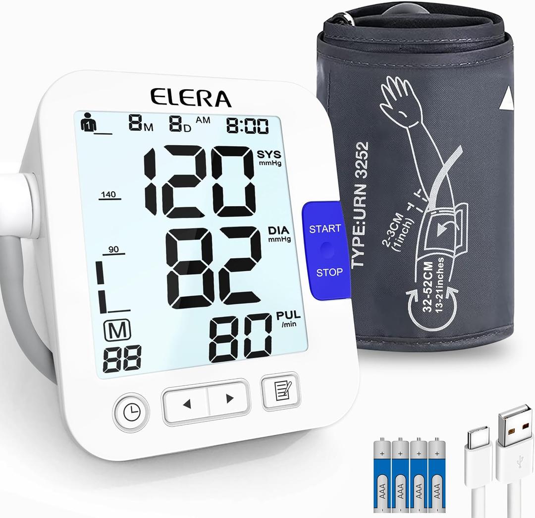 ELERA Large Screen Blood Pressure Monitor with Extra Large Cuff (13-21") for Big Arms - Automatic Upper Arm BP Machine for Home Use, Backlight LCD, HR Detection & Two User Mode