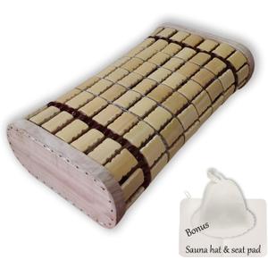 Bamboo Sauna Headrest Pillow, 100% Natural Handmade Wood Sauna Pillow Sauna Neck Rest Sauna Accessory, Bonus Sauna Cap and Seat Pad Included, Summer Cool Cervical Spine Pillow (1 Set)