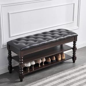 LEILISI Shoe Bench, Wood Storage Bench with Cushion Seat, Shoe Rack with Hidden Storage Space for Entryway Living Room Bedroom Hallway (Walnut, 39.4'')