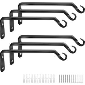 Worth Garden 6-Pack 10" Plant Hanger Bracket - Forged Wrought Iron Powder-Coated Heavy Duty Wall Hook - Black Plant Hanging Hooks - Durable and Stable for Bird Feeders, Planters Indoor & Outdoor
