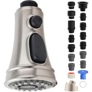 Universal Kitchen Faucet Replacement Head with 15 Adapters, Pull Down Spray Head 3 Modes Kitchen Faucet Sprayer Head Replacement Compatible with Moen, Delta, Kohler, AquaSource, Brushed Nickel